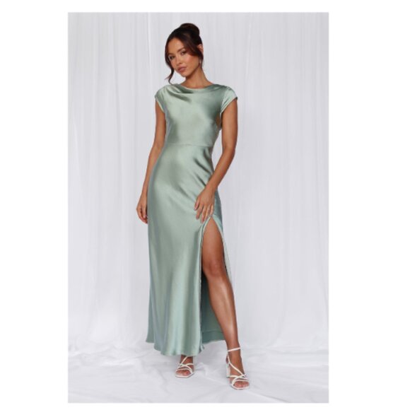 NWT HELLO MOLLY Valentina Cap Sleeve Satin Maxi Dress Sage Womens 8 Large *flaws - Picture 1 of 16